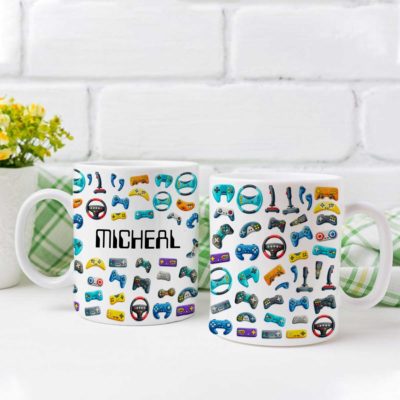 Benicee Shop 211 Custom name gaming controller coffee mug with personalized gamer name and video game themed design