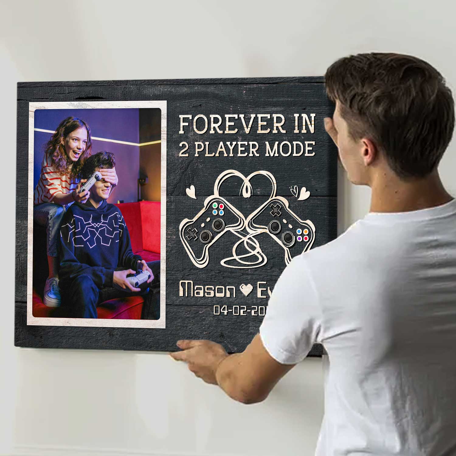 Personalized gamer couple canvas with custom photo and forever in two player mode gaming theme romantic wall art gift