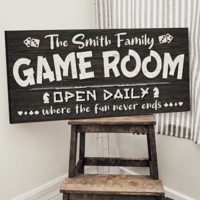 Personalized game room sign with custom family name and open daily where the fun never ends quote, game room wall decor gift
