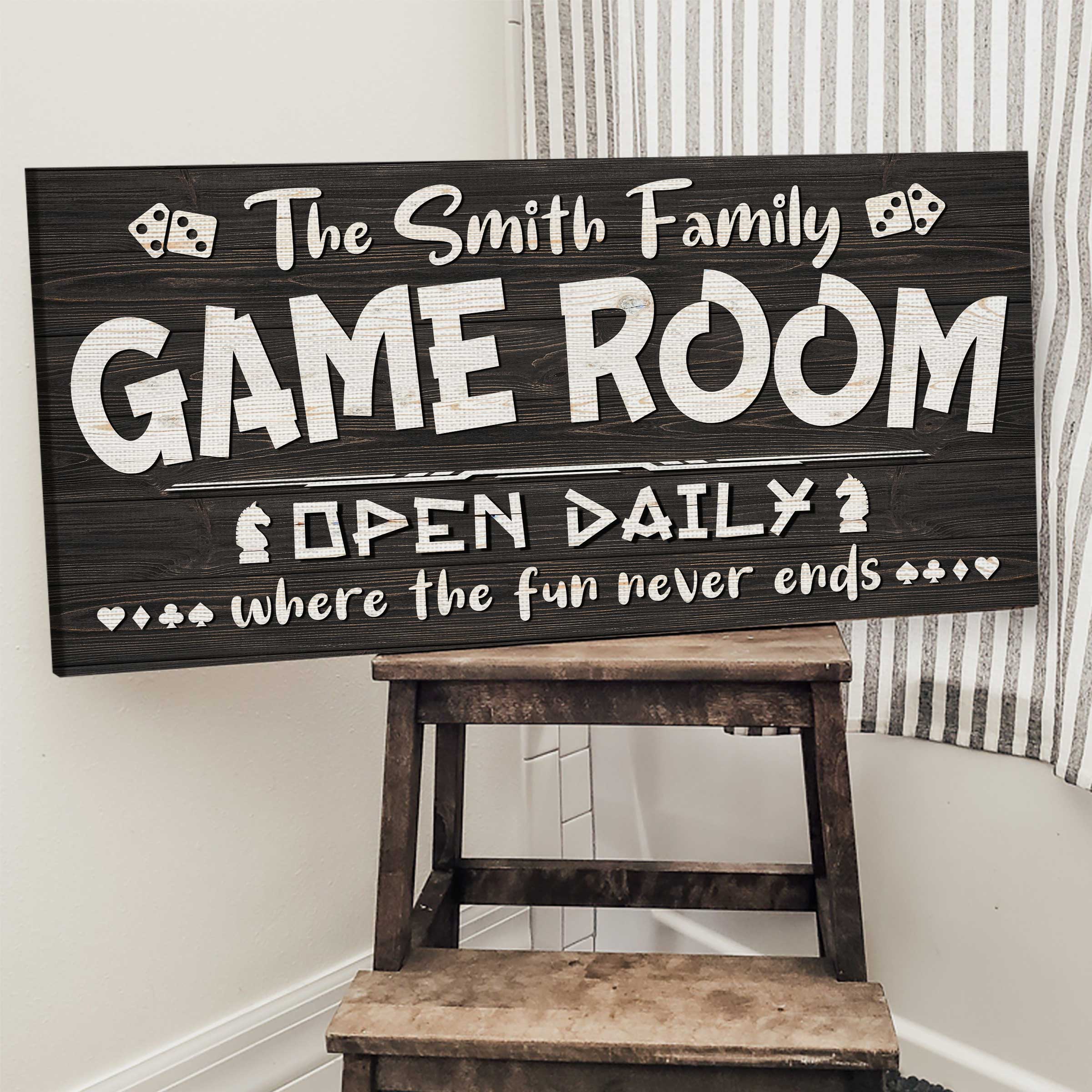 Personalized Game Room Sign - Custom Family Game Night Decor, Open Daily Where The Fun Never Ends Wooden Sign, Game Room Wall Art Gift 1 Personalized game room sign with custom family name and open daily where the fun never ends quote, game room wall decor gift