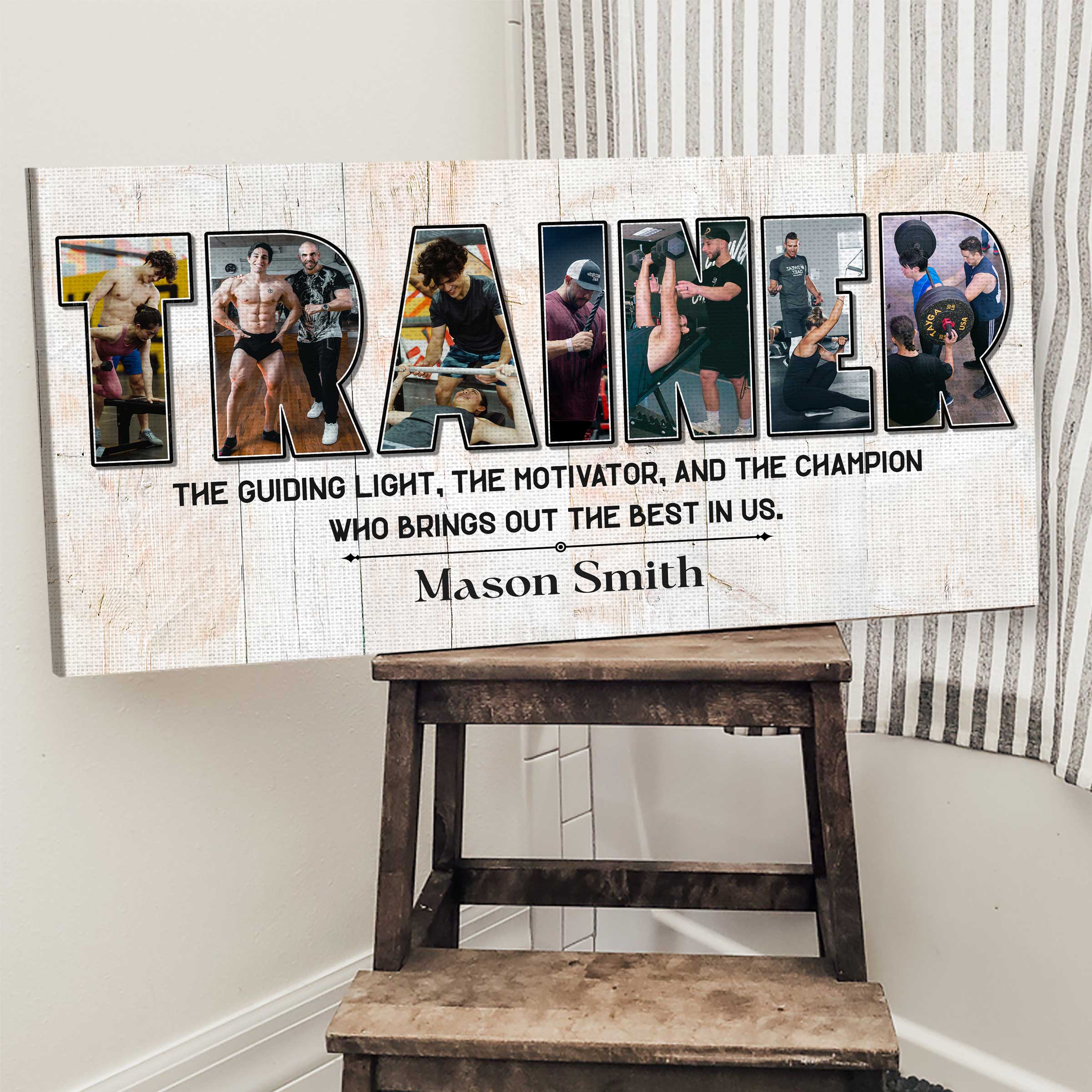 Personalized trainer photo collage canvas with custom fitness coach pictures, trainer appreciation wall art gift