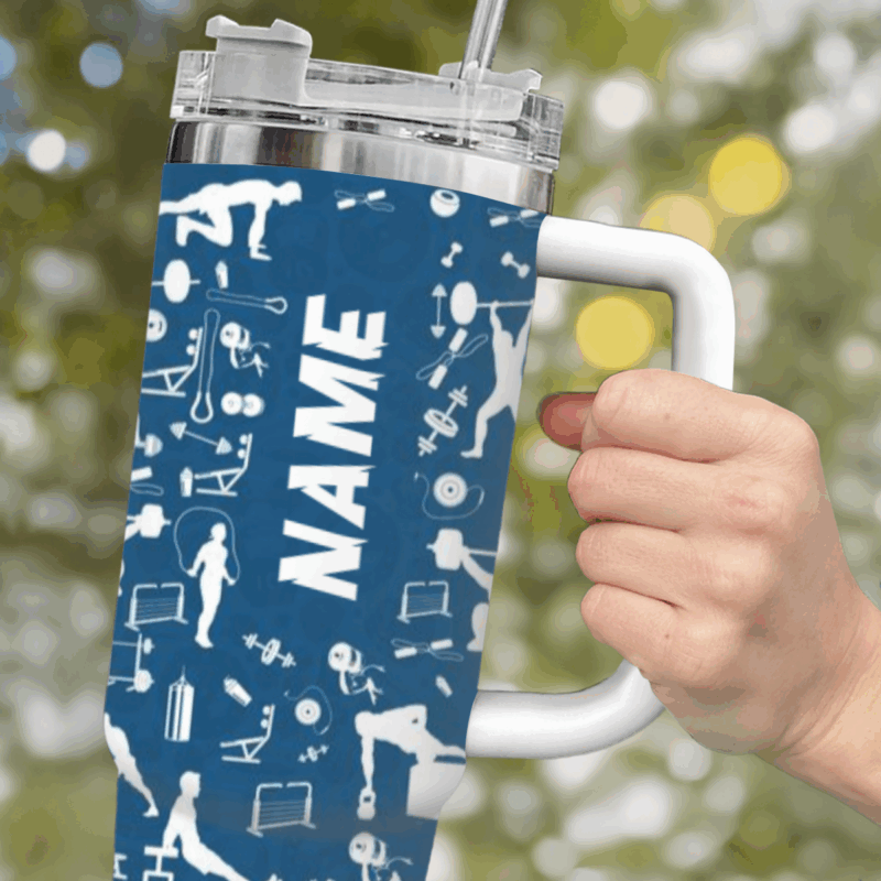 Personalized gym tumbler with handle featuring custom name, fitness water bottle for workout lovers and gym trainer gift