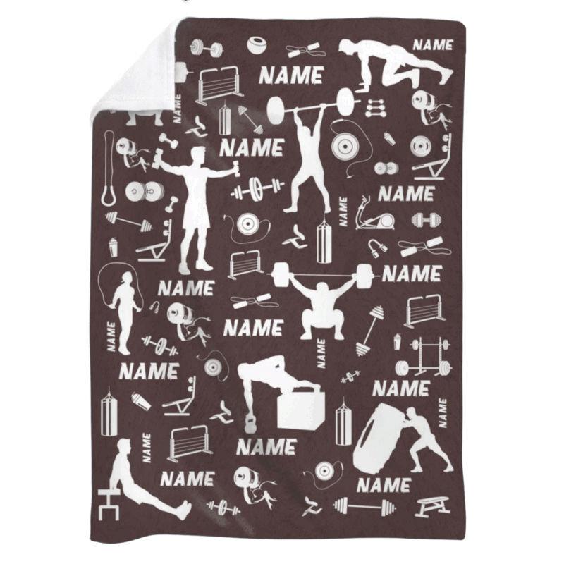 Personalized Powerlifting Blanket – Custom Name Fitness Fleece Blanket, Weightlifting Gym Icons Blanket, Fitness Lover Gift
