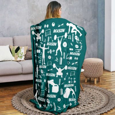 Personalized Powerlifting Blanket – Custom Name Fitness Fleece Blanket, Weightlifting Gym Icons Blanket, Fitness Lover Gift