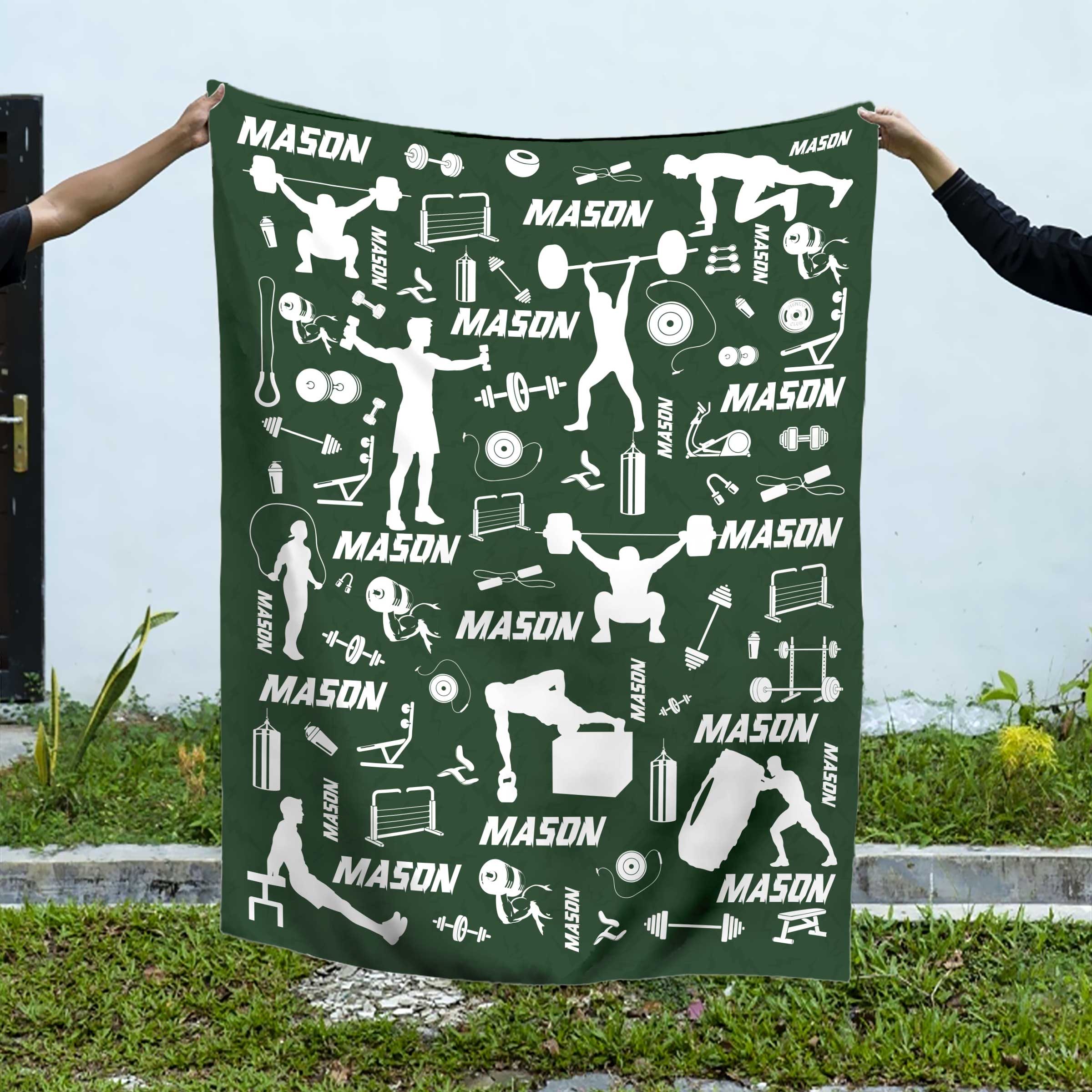 Personalized Powerlifting Blanket – Custom Name Fitness Fleece Blanket, Weightlifting Gym Icons Blanket, Fitness Lover Gift