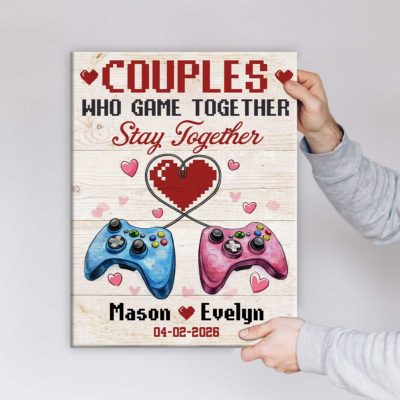 Personalized Gamer Couple Gift, Couples Who Game Together Stay Together Canvas, Custom Name Gaming Anniversary Art, Video Game Lover Romantic Gift