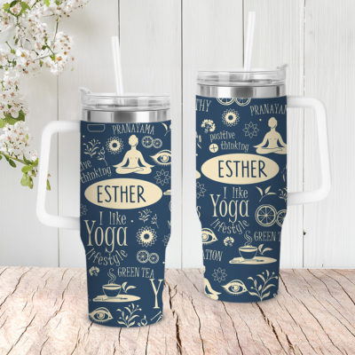Personalized Yoga Tumbler With Handle, Custom Name Yoga Lover Gift, Meditation Lifestyle Travel Mug, Yoga Instructor Gift