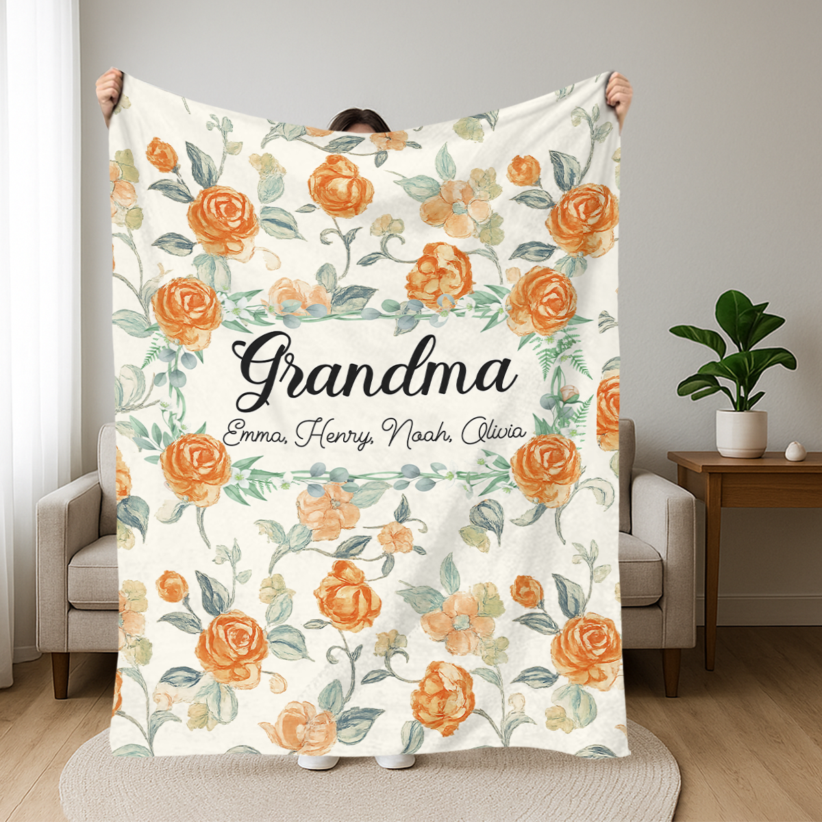 Grandma Blanket with Grandchildren Names, Personalized Vintage Floral Throw Grandma Blanket, Mother’s Day Gift from Grandchildren