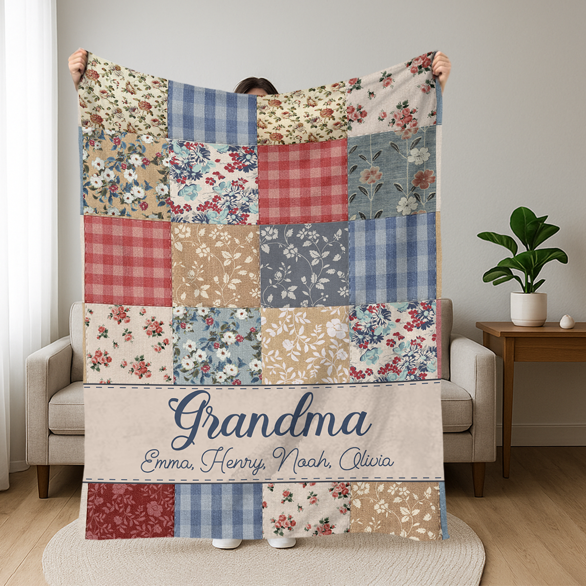Customized Grandma Blanket with Names, Vintage Floral Patchwork Throw Grandma Blanket, Mother’s Day Gift for Grandma