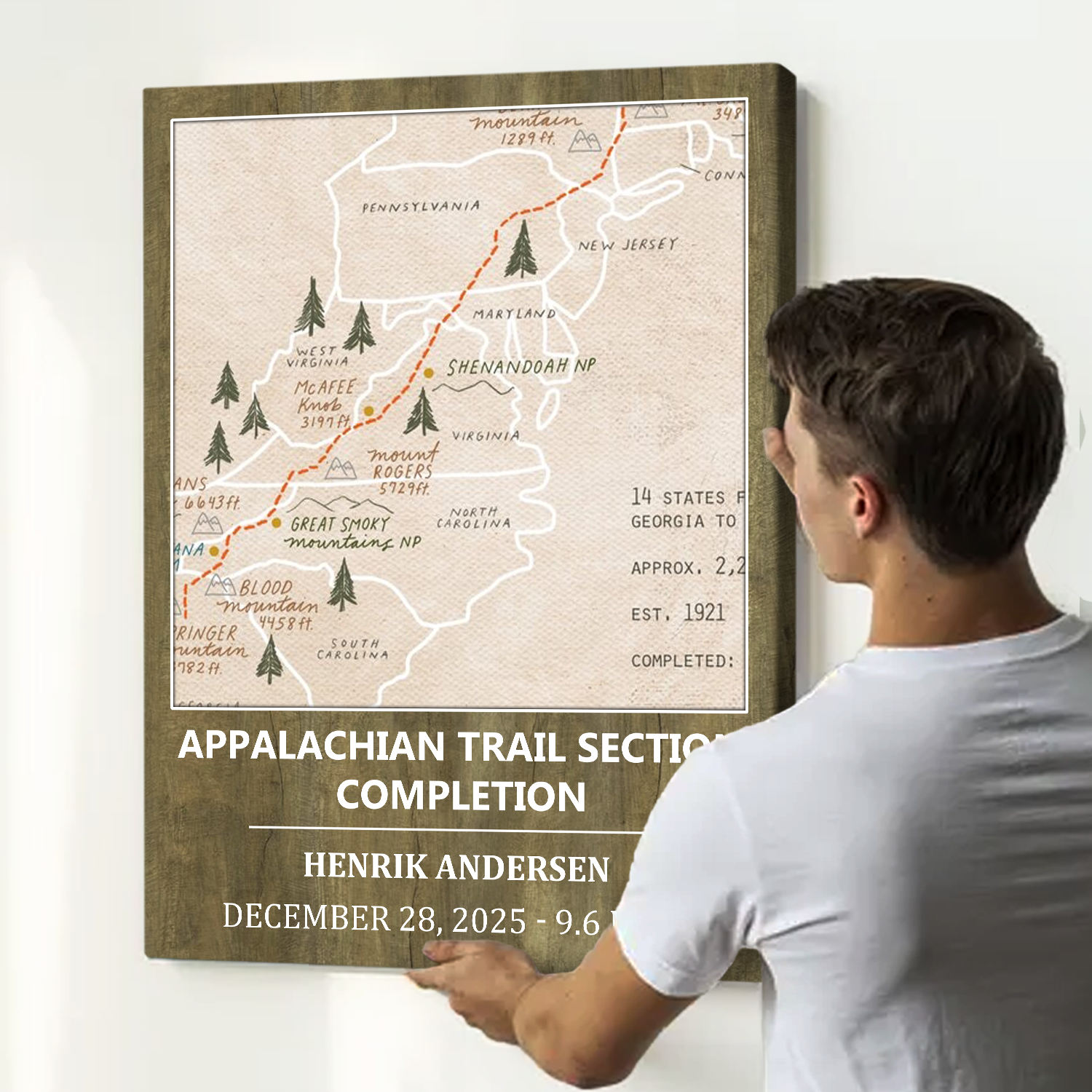 Personalized Hiking Map Print - Custom Hiking Route, Name & Miles, Gifts for Hikers, Trail Achievement Wall Art