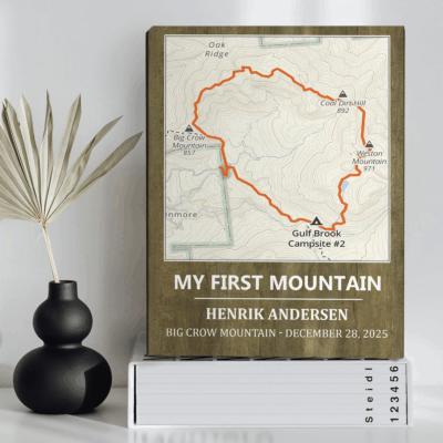 Custom First Mountain Map Canvas – Personalized Hiking Route & Name, Gifts for Hikers, Gifts for Outdoor Lovers, Outdoor Adventure Wall Art