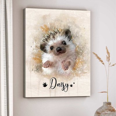 Personalized Hedgehog Portrait Canvas - Custom Name Hedgehog Wall Art, Watercolor Small Pet Painting Canvas Print, Hedgehog Lover Gift