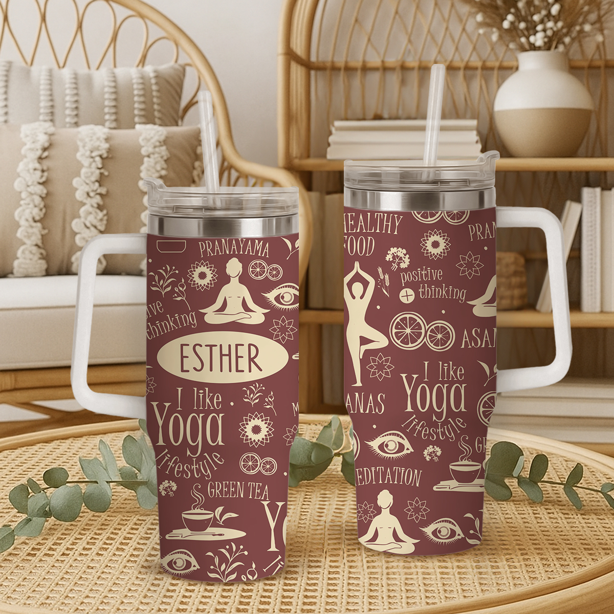Personalized Yoga Tumbler With Handle, Custom Name Yoga Lover Gift, Meditation Lifestyle Travel Mug, Yoga Instructor Gift