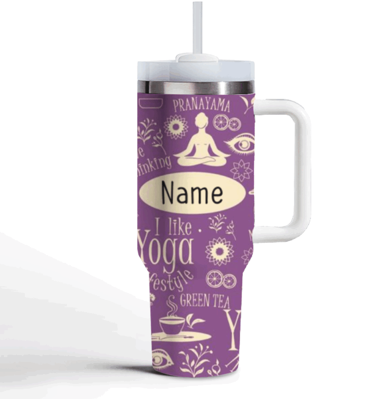 Personalized Yoga Tumbler With Handle, Custom Name Yoga Lover Gift, Meditation Lifestyle Travel Mug, Yoga Instructor Gift