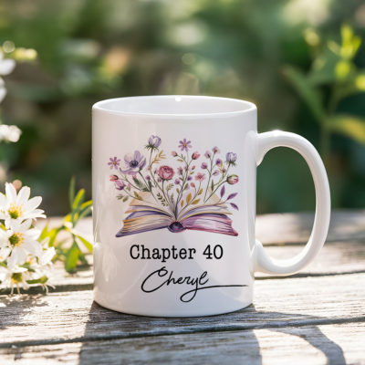 Personalized Chapter Birthday Mug - Custom Age Name Birthday Gift For Women, Floral Book Lover Birthday Coffee Mug