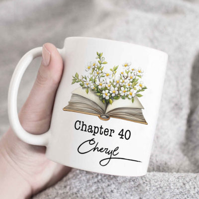 Personalized Chapter Birthday Mug - Custom Age Name Birthday Gift For Women, Floral Book Lover Birthday Coffee Mug