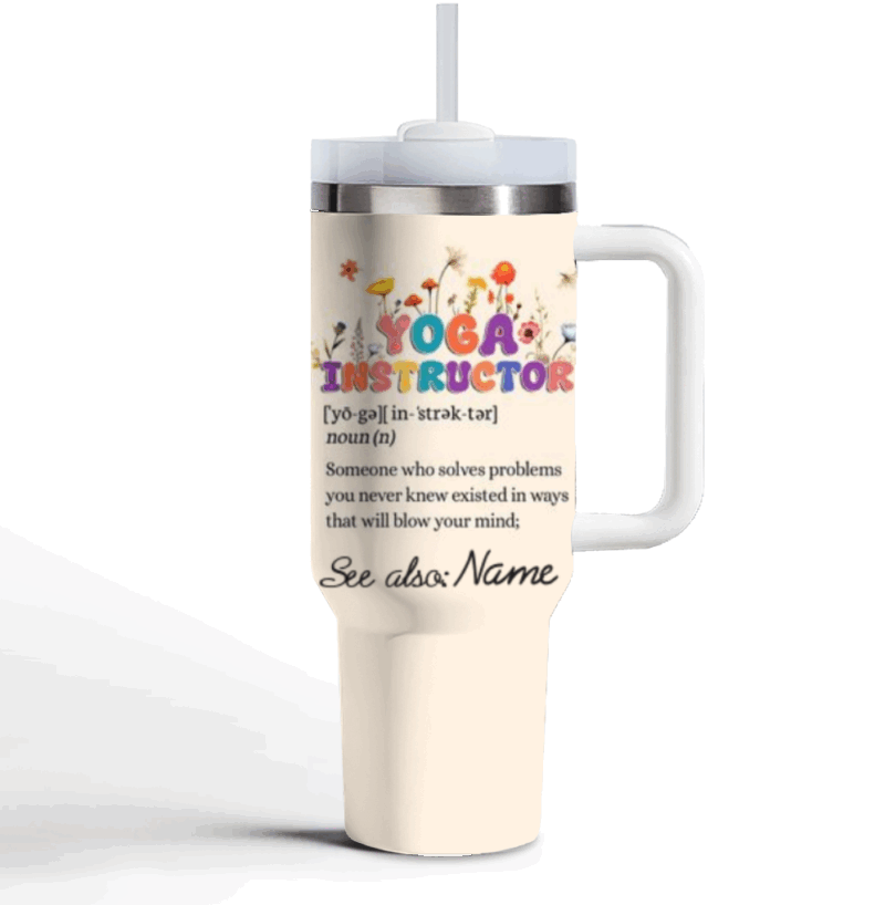 Personalized Yoga Instructor Tumbler with Handle, Custom Yoga Teacher Appreciation Gift, Stainless Steel Travel Mug for Her