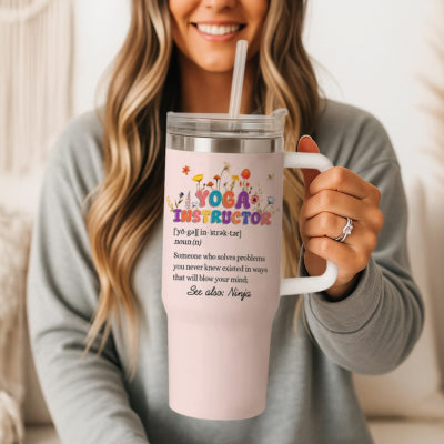 Personalized Yoga Instructor Tumbler With Handle - Yoga Teacher Gift for Her, Yoga Lover Travel Mug, Appreciation Gift for Yoga Instructor