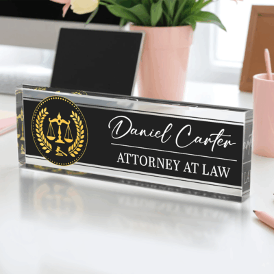Custom Attorney Office Desk Name Plate - Clear JD Judge Nameplate, Lawyer Appreciation Gift, Juris Doctor Judge Law School Graduation Gifts