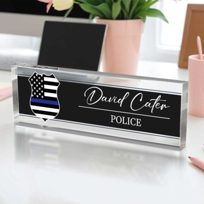 Personalized Police Desk Name Plate - Custom Police Officer Name Sign, Thin Blue Line Acrylic Desk Plaque, Law Enforcement Gift