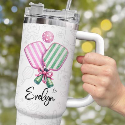 Custom Pickleball Tumbler with Name – Personalized Pickleball Travel Mug, Pickleball Player Gift for Women, Sports Lover Cup
