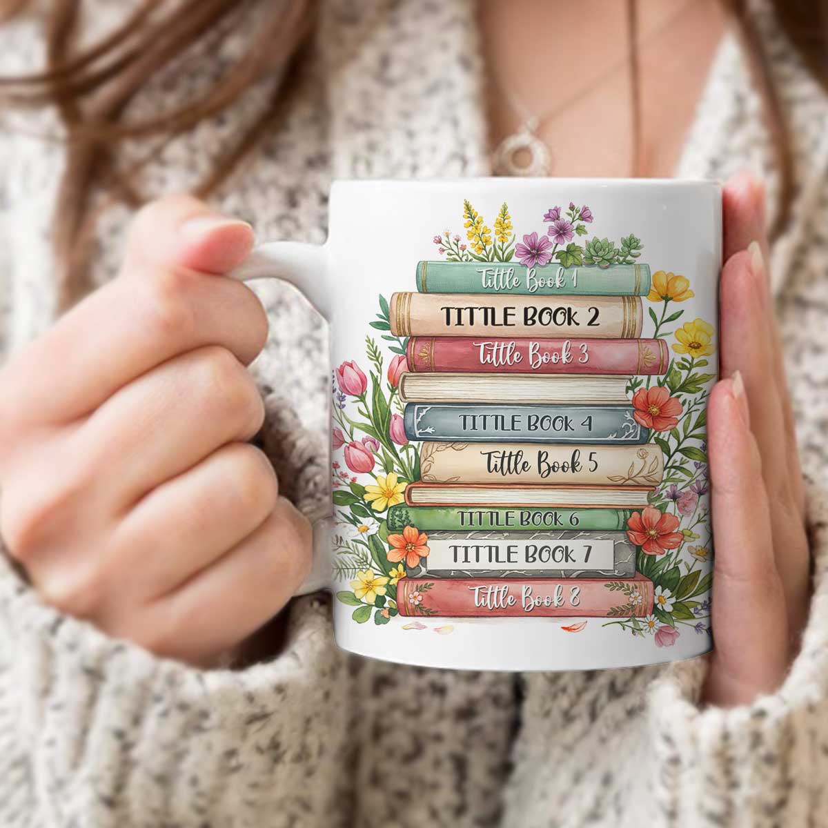 Personalized Book Lover Mug - Custom Floral Book Stack Coffee Cup, Bibliophile Gift for Bookworm,Teacher, Mothers Day Gift For Readers