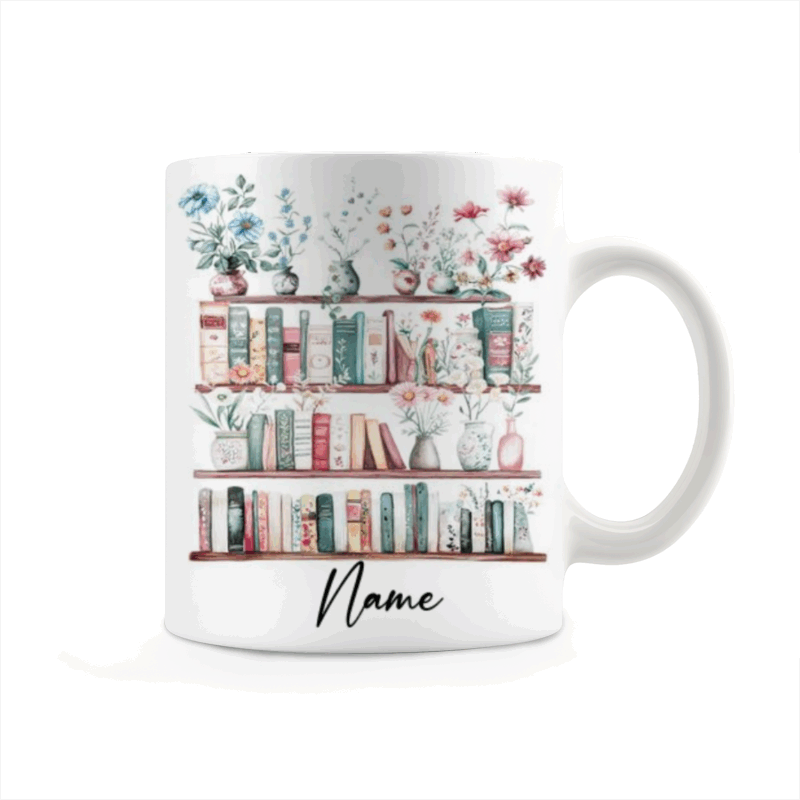 Personalized Floral Bookshelf Mug – Custom Name Book Lover Coffee Cup, Bibliophile Gift for Reader, Mothers Day Gifts for Book Lovers