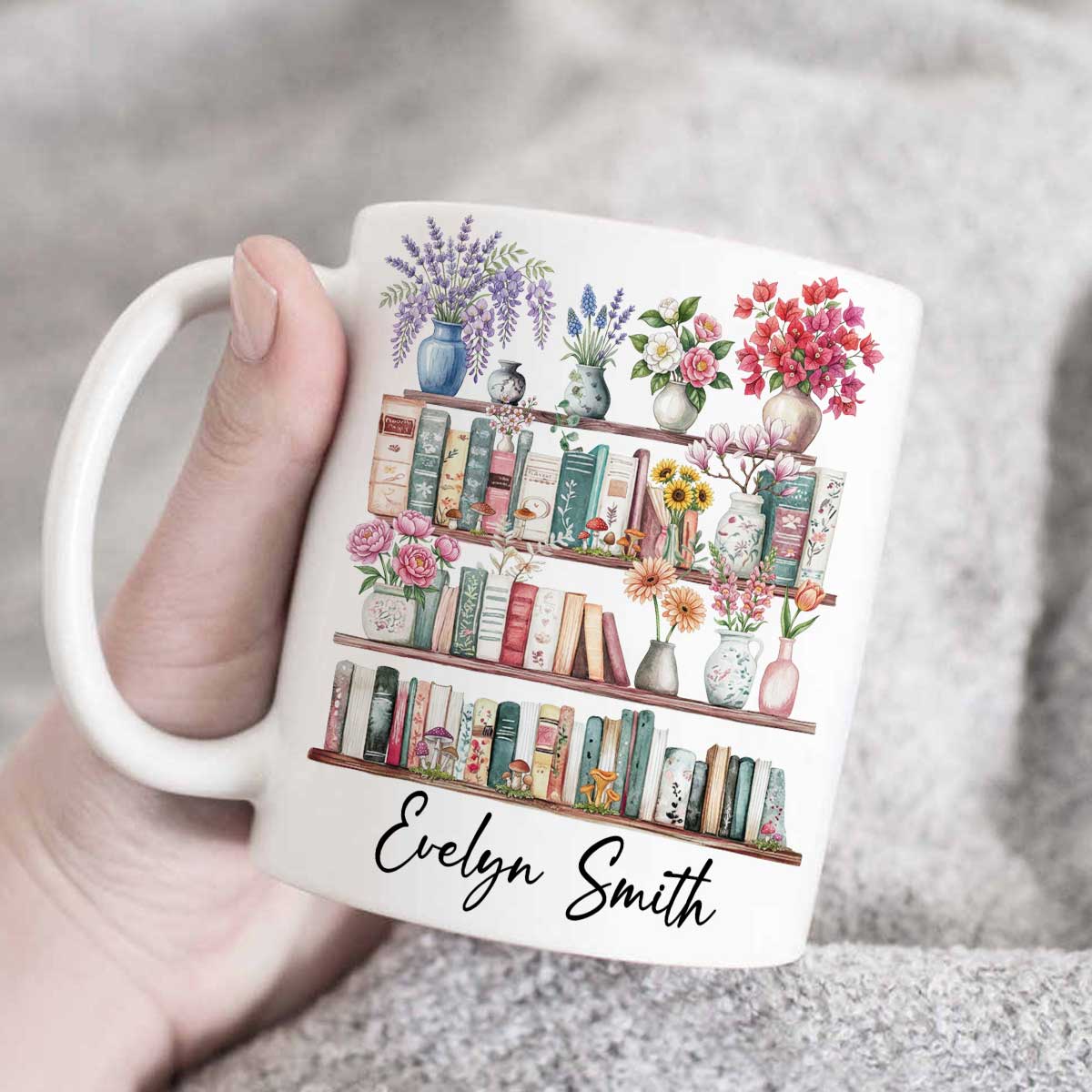 Personalized Floral Bookshelf Mug – Custom Name Book Lover Coffee Cup, Bibliophile Gift for Reader, Mothers Day Gifts for Book Lovers