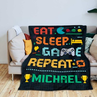 Personalized Gamer Blanket, Eat Sleep Game Repeat Blanket, Custom Name Gaming Blanket, Gamer Gift for Boys, Game Room Decor