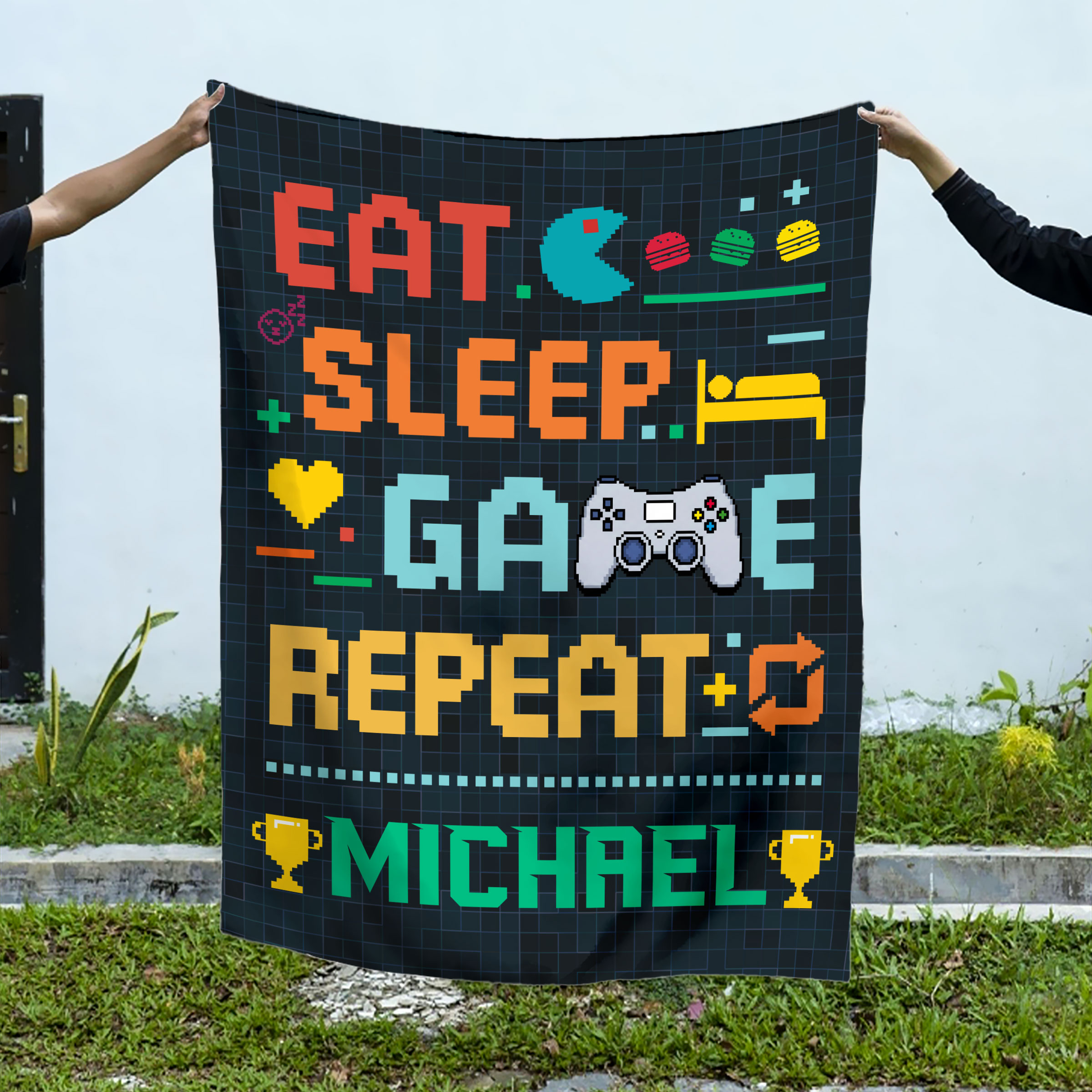 Personalized Gamer Blanket, Eat Sleep Game Repeat Blanket, Custom Name Gaming Blanket, Gamer Gift for Boys, Game Room Decor