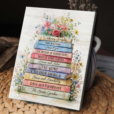 Personalized Floral Stacked Books Canvas - Custom Book Titles Print, Book Lover Gift, Reading Lover Wall Art, Literary Decor, Mother’s Day Gift