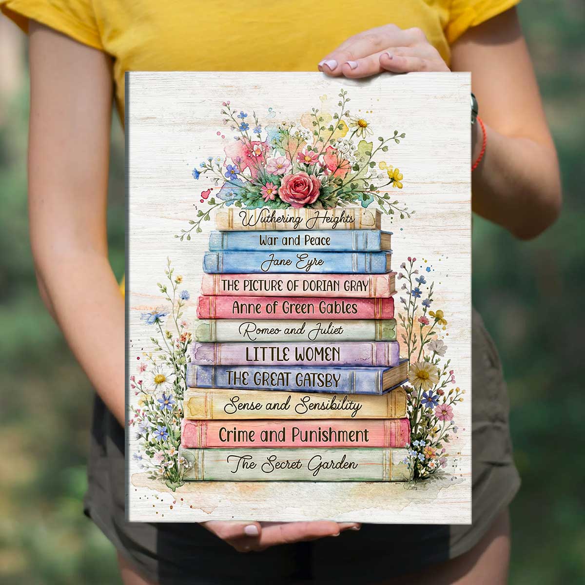 Personalized Floral Stacked Books Canvas - Custom Book Titles Print, Book Lover Gift, Reading Lover Wall Art, Literary Decor, Mother’s Day Gift