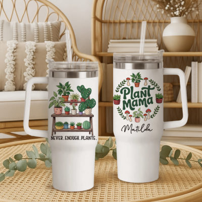 Personalized Plant Mom Tumbler With Handle - Custom Name Plant Lover Gift, Mother's Day Gifts for Plant Lovers, Houseplant Lover Tumbler