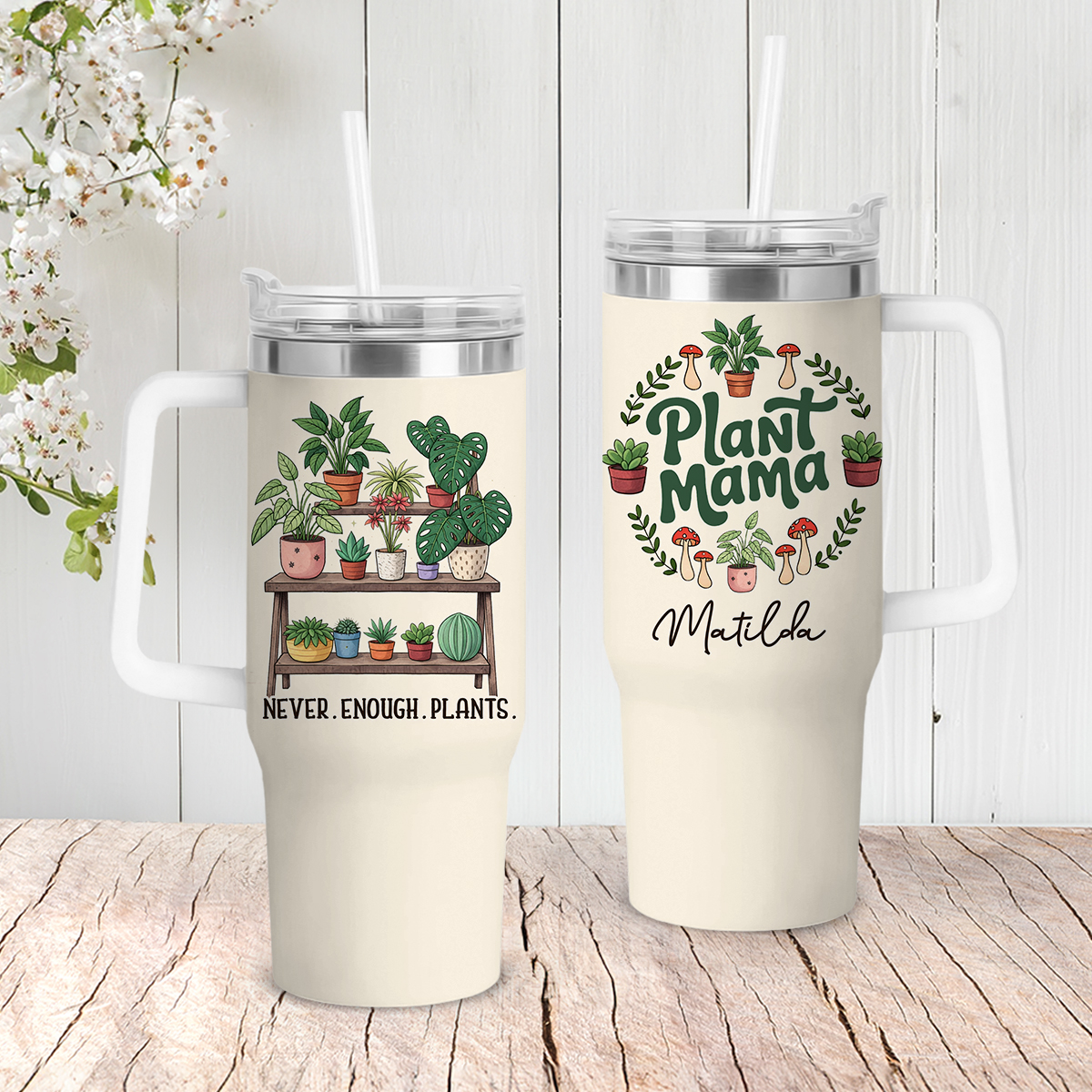 Personalized Plant Mom Tumbler With Handle - Custom Name Plant Lover Gift, Mother's Day Gifts for Plant Lovers, Houseplant Lover Tumbler