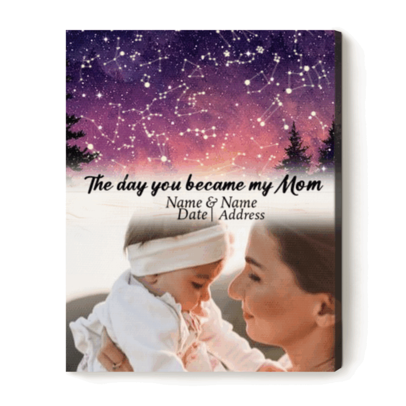 Personalized Star Map Canvas For Mom – The Day You Became My Mom Night Sky Print, First Mother’s Day Gift for New Mom