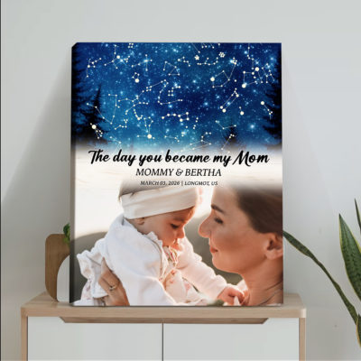 Personalized Star Map Canvas For Mom – The Day You Became My Mom Night Sky Print, First Mother’s Day Gift for New Mom
