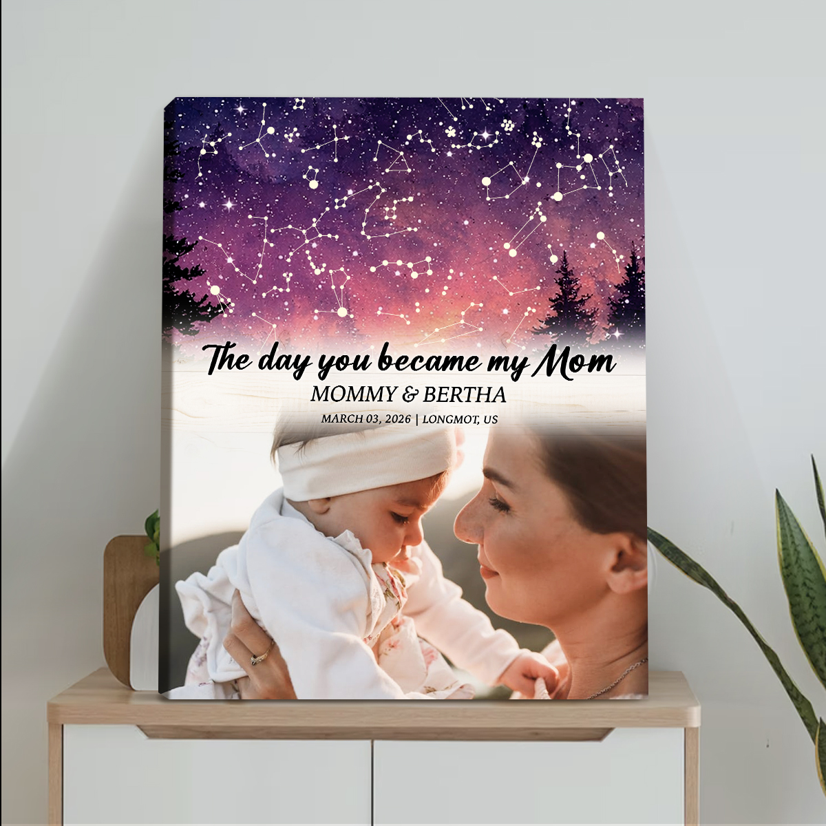 Personalized Star Map Canvas For Mom – The Day You Became My Mom Night Sky Print, First Mother’s Day Gift for New Mom