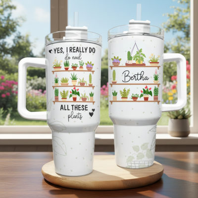 Personalized Plant Lover Tumbler With Handle - Custom Name Plant Lady Cup, Funny Plant Mom Gift, Houseplant Lover Tumbler