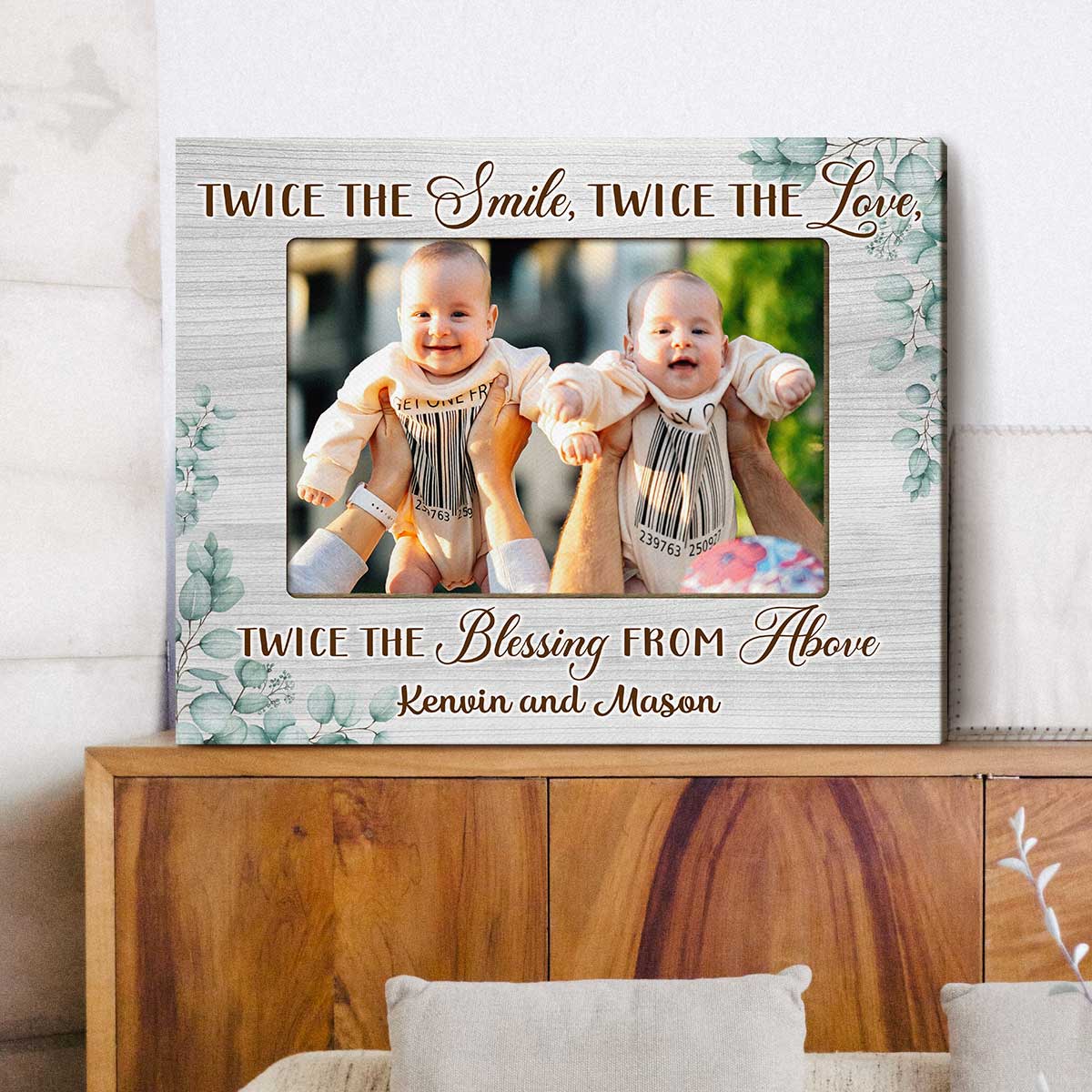 Personalized Twins Baby Picture Canvas - Mother’s Day Gift for Twin Mom, Gift For Mum of Twins, Twice the Blessings from Above Print
