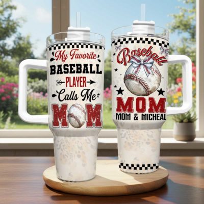 Personalized Baseball Mom Tumbler With Handle – Mother’s Day Gift for Baseball Moms, Baseball Mom Coffee Cup, Gift from Son