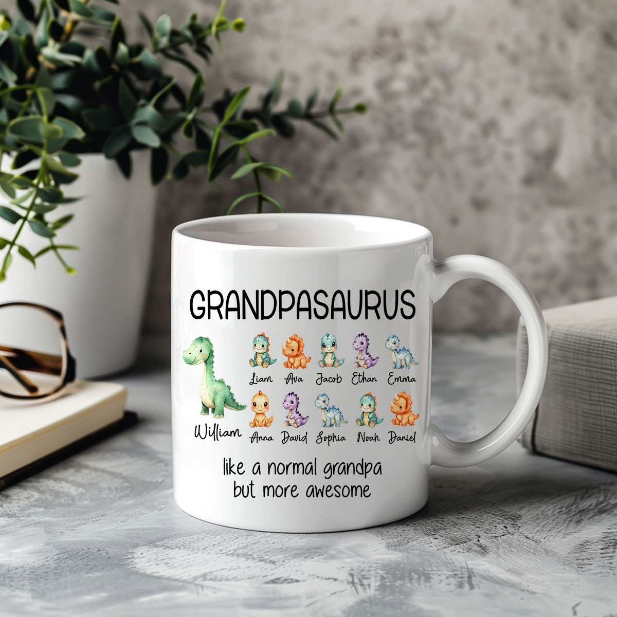 Personalized Grandpasaurus Mug Gift - Gift for Grandpa, Custom Kids Names Mug, Father's Day Gifts from Grandchild, Funny Saurus Coffee Cup
