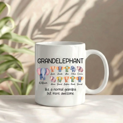 Benicee Shop 206 Elephant Grandpa Mug with Kids Names - Custom Grandpa Gift, Personalized Grandchild Names Keepsake, Cute Papa Elephant Mug, Fathers Day Gift