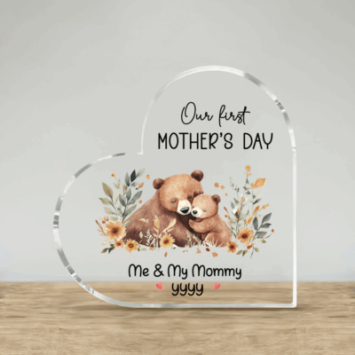 Personalized Our First Mother's Day Heart Acrylic - Mothers Day Gift, Custom Name Date Keepsake, Cute Animal Plaque for New Mom from Baby