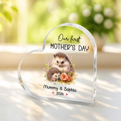 Personalized Our First Mother's Day Heart Acrylic - Mothers Day Gift, Custom Name Date Keepsake, Cute Animal Plaque for New Mom from Baby