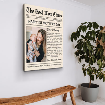 Custom First Mothers Day Photo Newspaper Canvas - Gift For Mom, Personalized Photo Name Print, Happy 1st Mothers Day Gift, Gift for New Mom