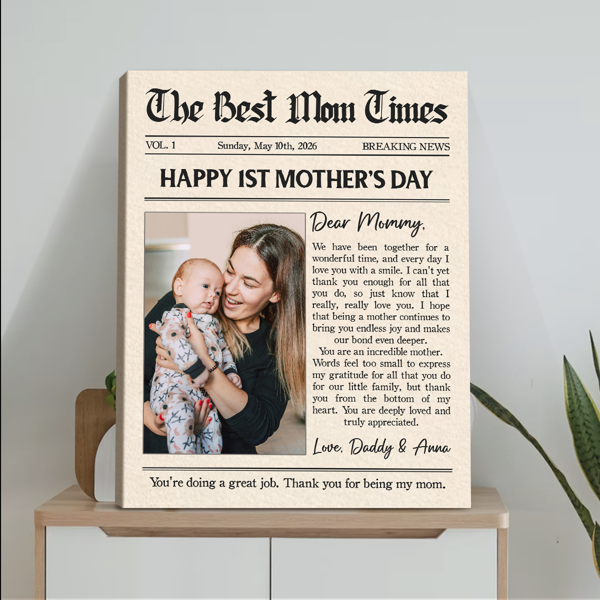Custom First Mothers Day Photo Newspaper Canvas - Gift For Mom, Personalized Photo Name Print, Happy 1st Mothers Day Gift, Gift for New Mom