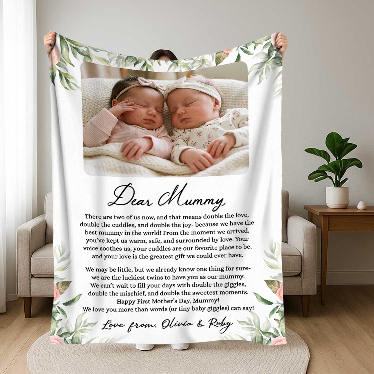 Personalized Photo Blanket for Twins Mom - Mothers Day Gift, Custom Baby Picture Name Keepsake, New Mom Gift from Twins, Twins Mama Blanket