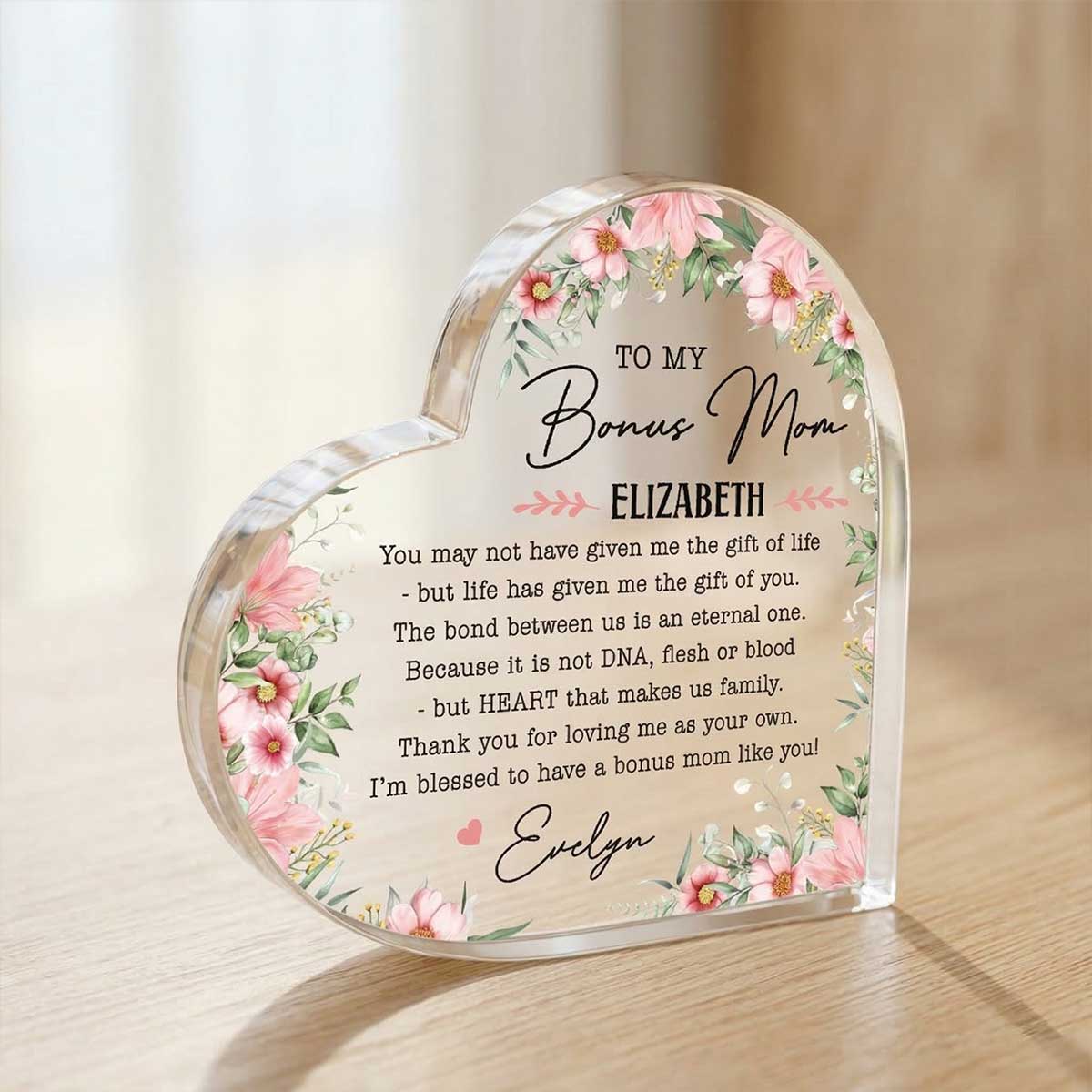 To My Bonus Mom Personalized Heart Plaque - Mothers Day Gift, Custom Name Keepsake, Mothers Day Gift For Stepmom, Second Mom Acrylic Plaque