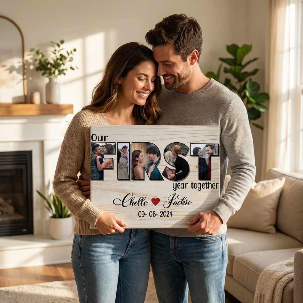 couple holding a canvas gift