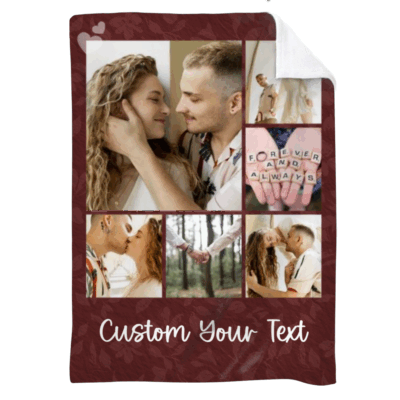 Personalized photo blanket with custom pictures and special memory text, romantic anniversary gift for couples.